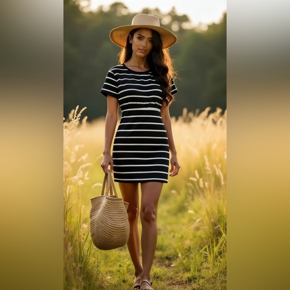 Elegant Black and White Striped Mini Dress